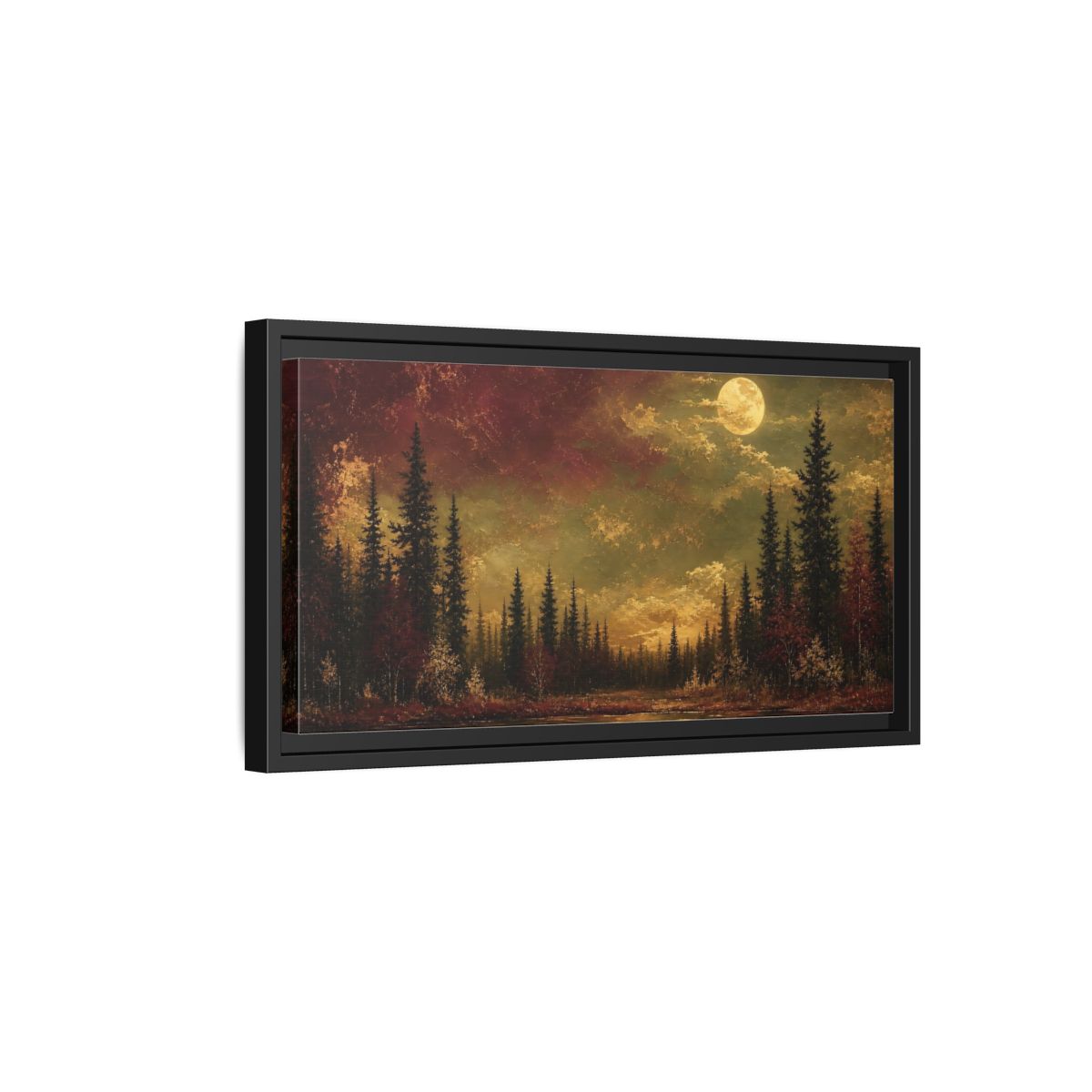 Side Mockup 8. Nature Forest Lake Red And Gold shown as stretched canvas wall art