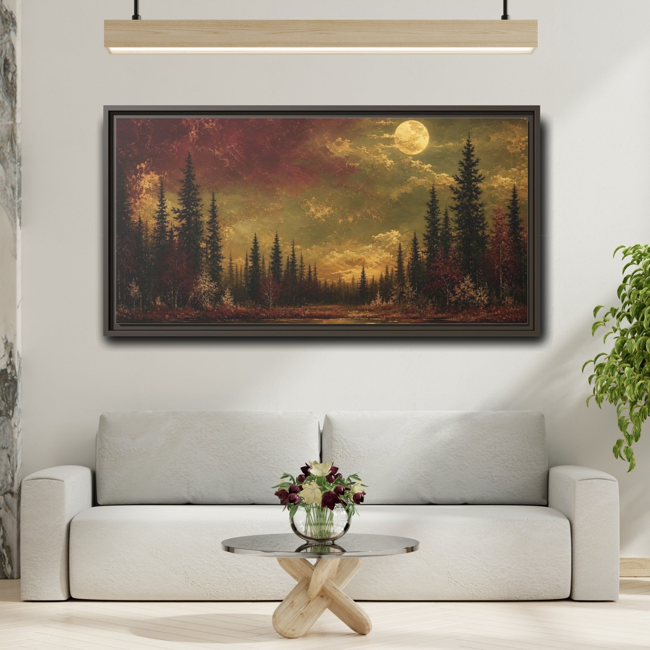 Mockup 2. Nature Forest Lake Red And Gold shown as stretched canvas wall art