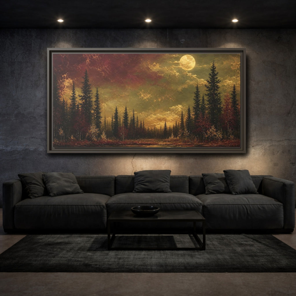 Mockup 3. Nature Forest Lake Red And Gold shown as stretched canvas wall art