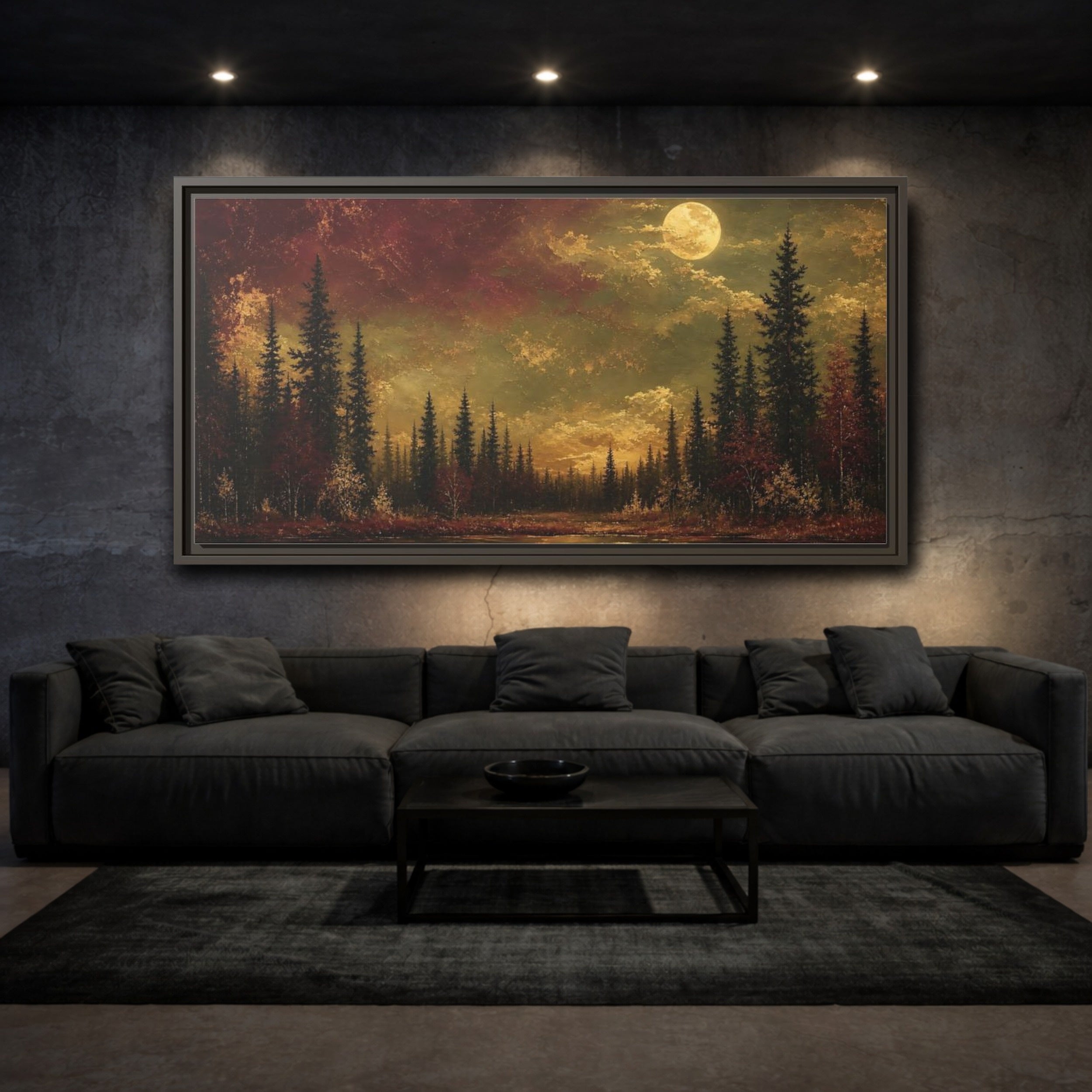 Mockup 3. Nature Forest Lake Red And Gold shown as stretched canvas wall art