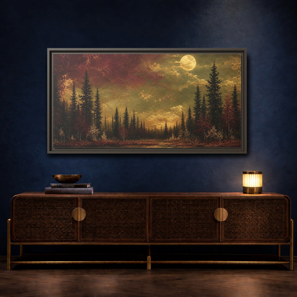 Mockup 4. Nature Forest Lake Red And Gold shown as stretched canvas wall art