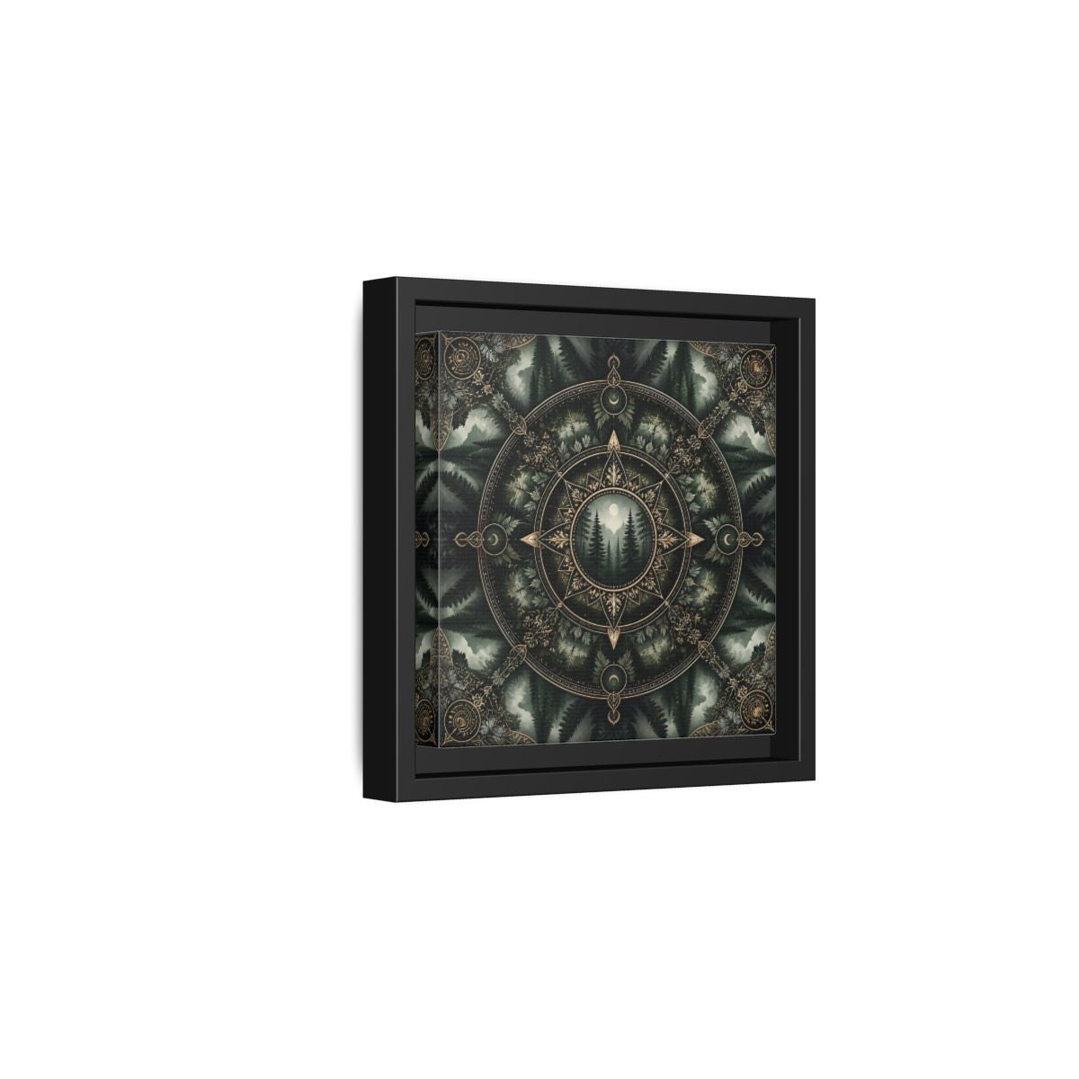 Side Mockup 3. Nature Forest Mandala Dark Green Mandala shown as stretched canvas wall art