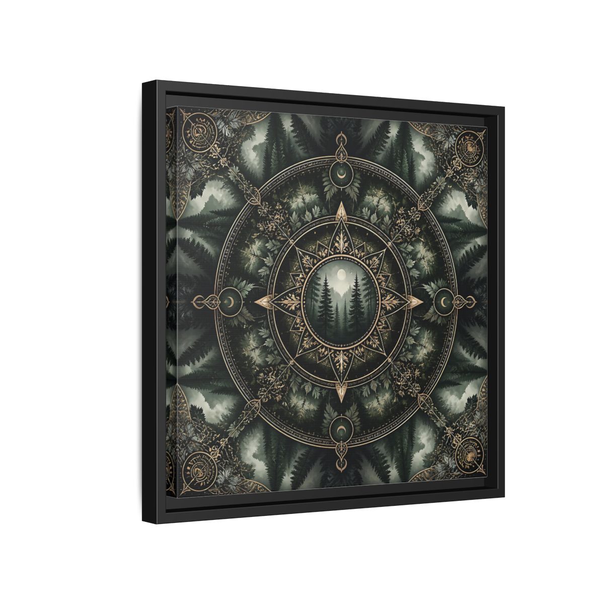 Side Mockup 15. Nature Forest Mandala Dark Green Mandala shown as stretched canvas wall art