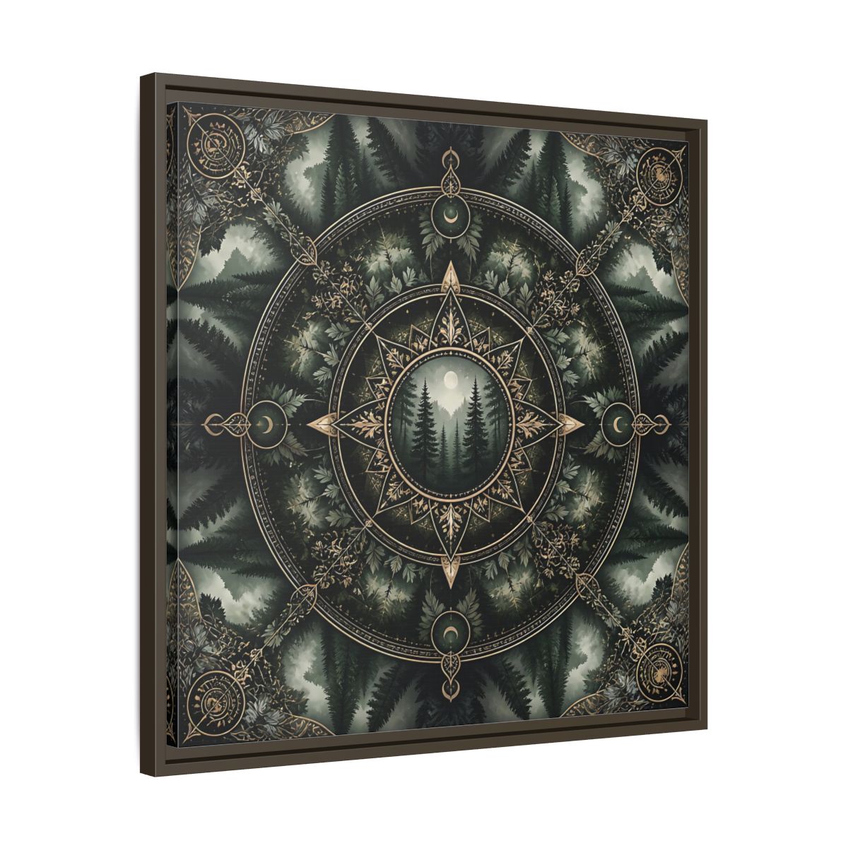 Side Mockup 27. Nature Forest Mandala Dark Green Mandala shown as stretched canvas wall art