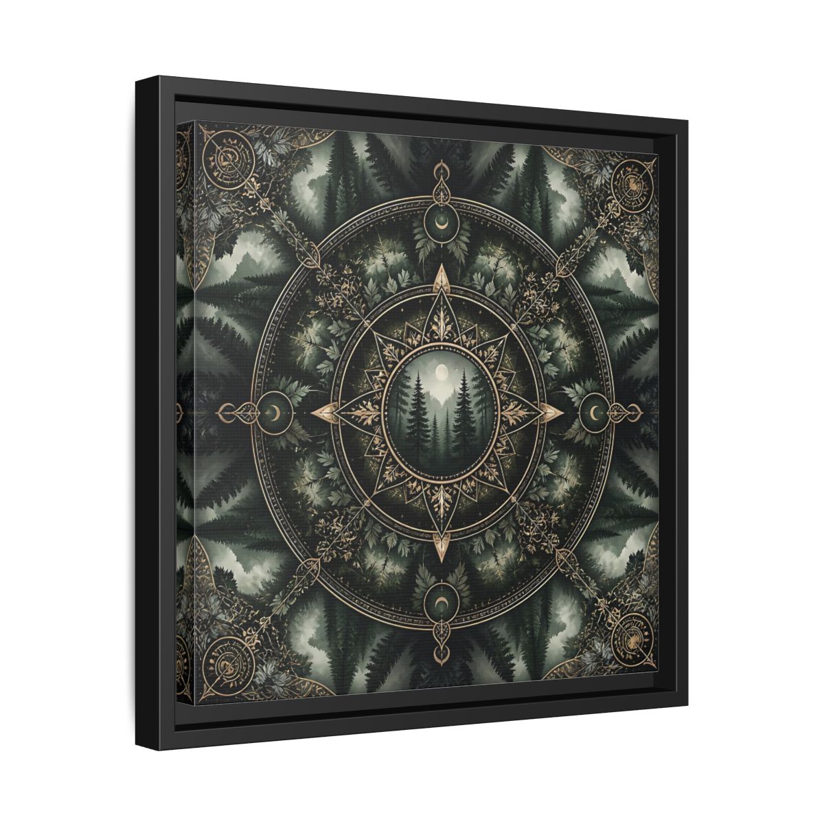 Side Mockup 32. Nature Forest Mandala Dark Green Mandala shown as stretched canvas wall art