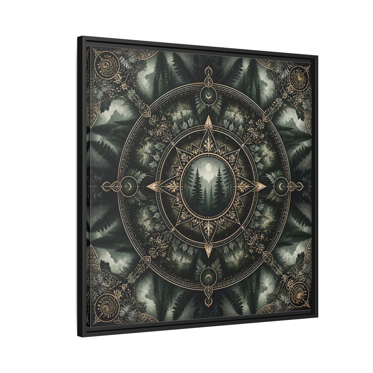Side Mockup 9. Nature Forest Mandala Dark Green Mandala shown as stretched canvas wall art