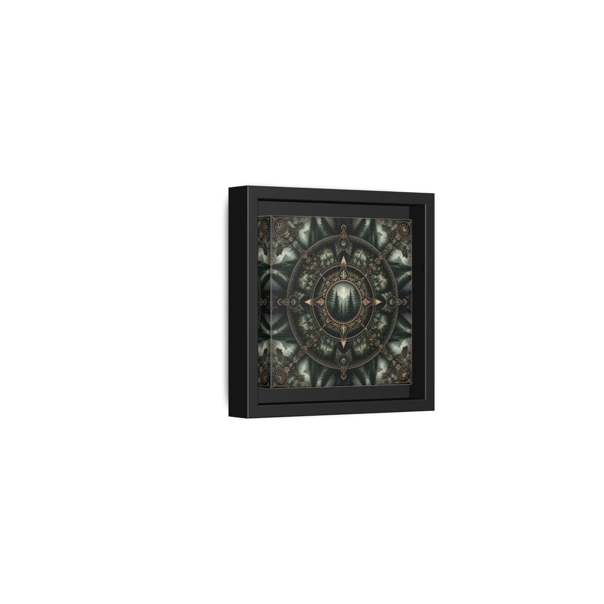 Side Mockup 24. Nature Forest Mandala Dark Green Mandala shown as stretched canvas wall art