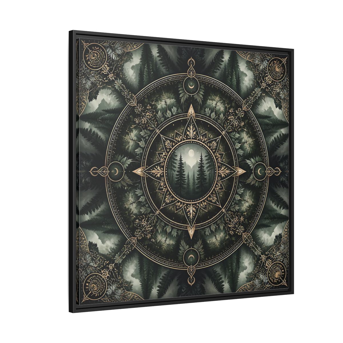 Side Mockup 6. Nature Forest Mandala Dark Green Mandala shown as stretched canvas wall art