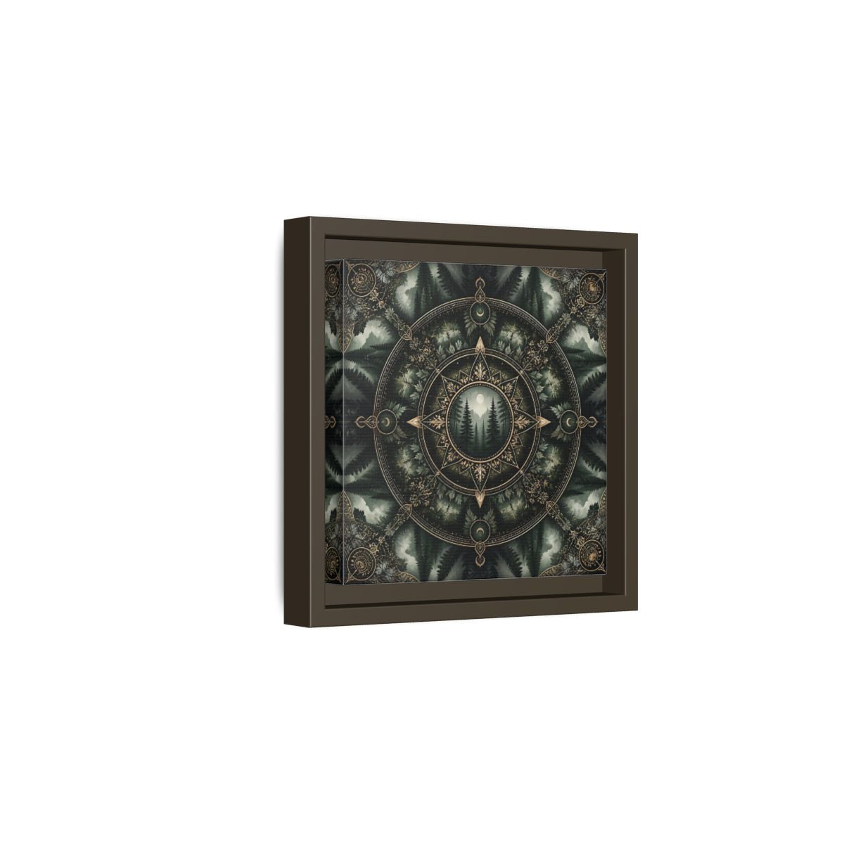 Side Mockup 2. Nature Forest Mandala Dark Green Mandala shown as stretched canvas wall art