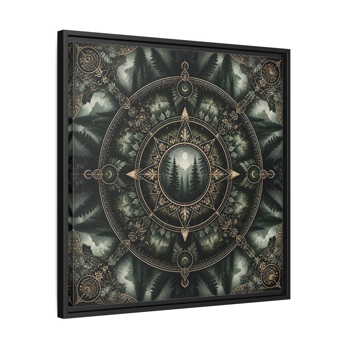 Side Mockup 31. Nature Forest Mandala Dark Green Mandala shown as stretched canvas wall art