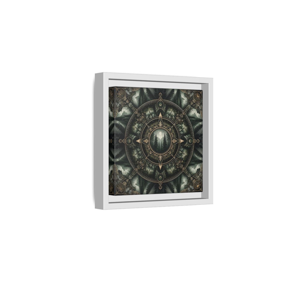 Side Mockup 1. Nature Forest Mandala Dark Green Mandala shown as stretched canvas wall art