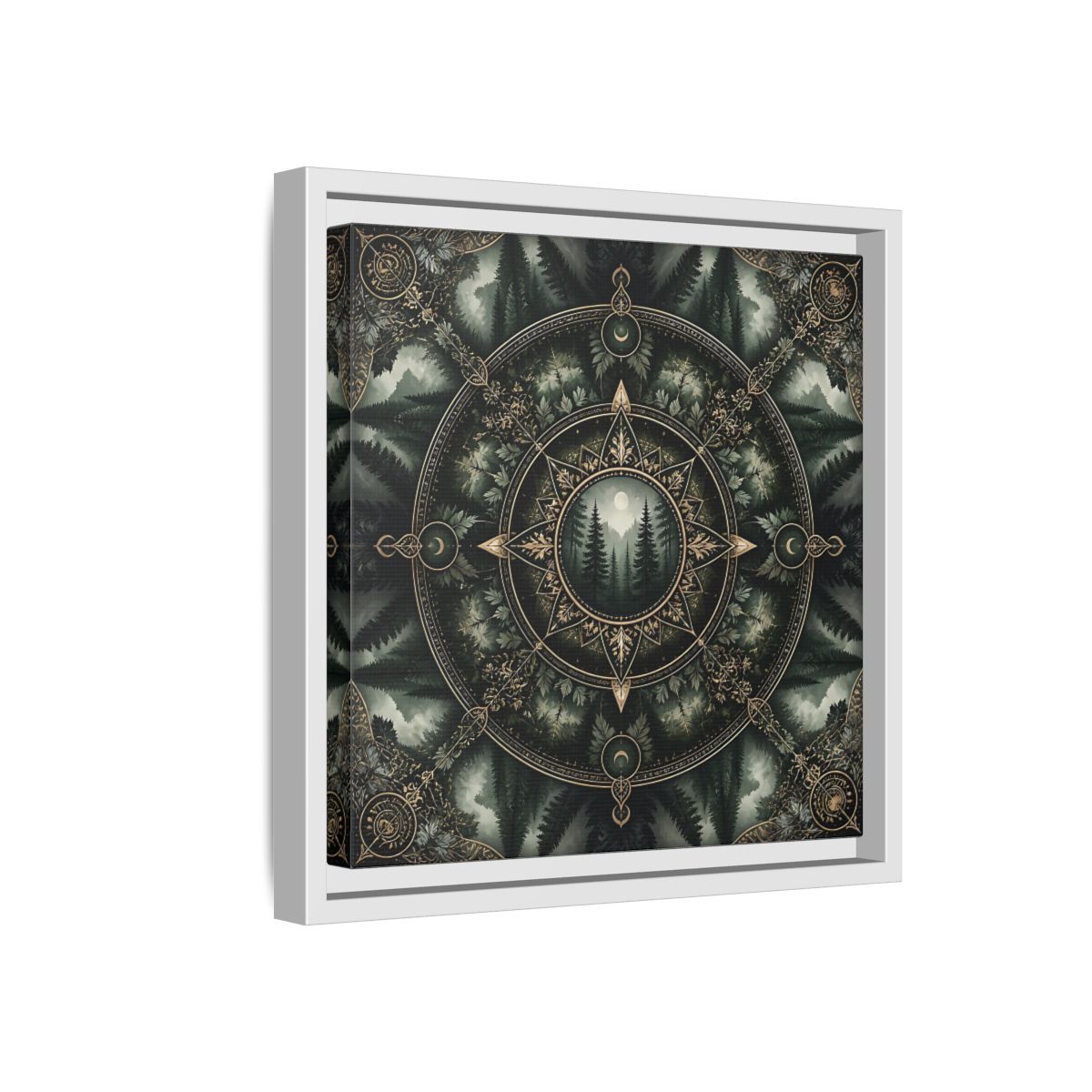 Side Mockup 16. Nature Forest Mandala Dark Green Mandala shown as stretched canvas wall art