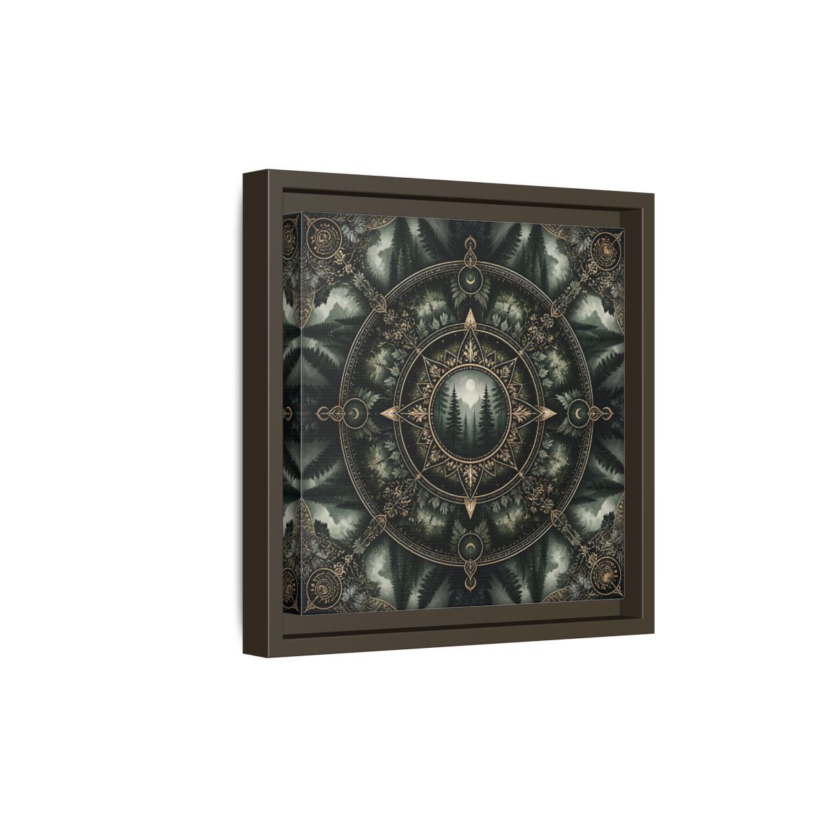 Side Mockup 20. Nature Forest Mandala Dark Green Mandala shown as stretched canvas wall art