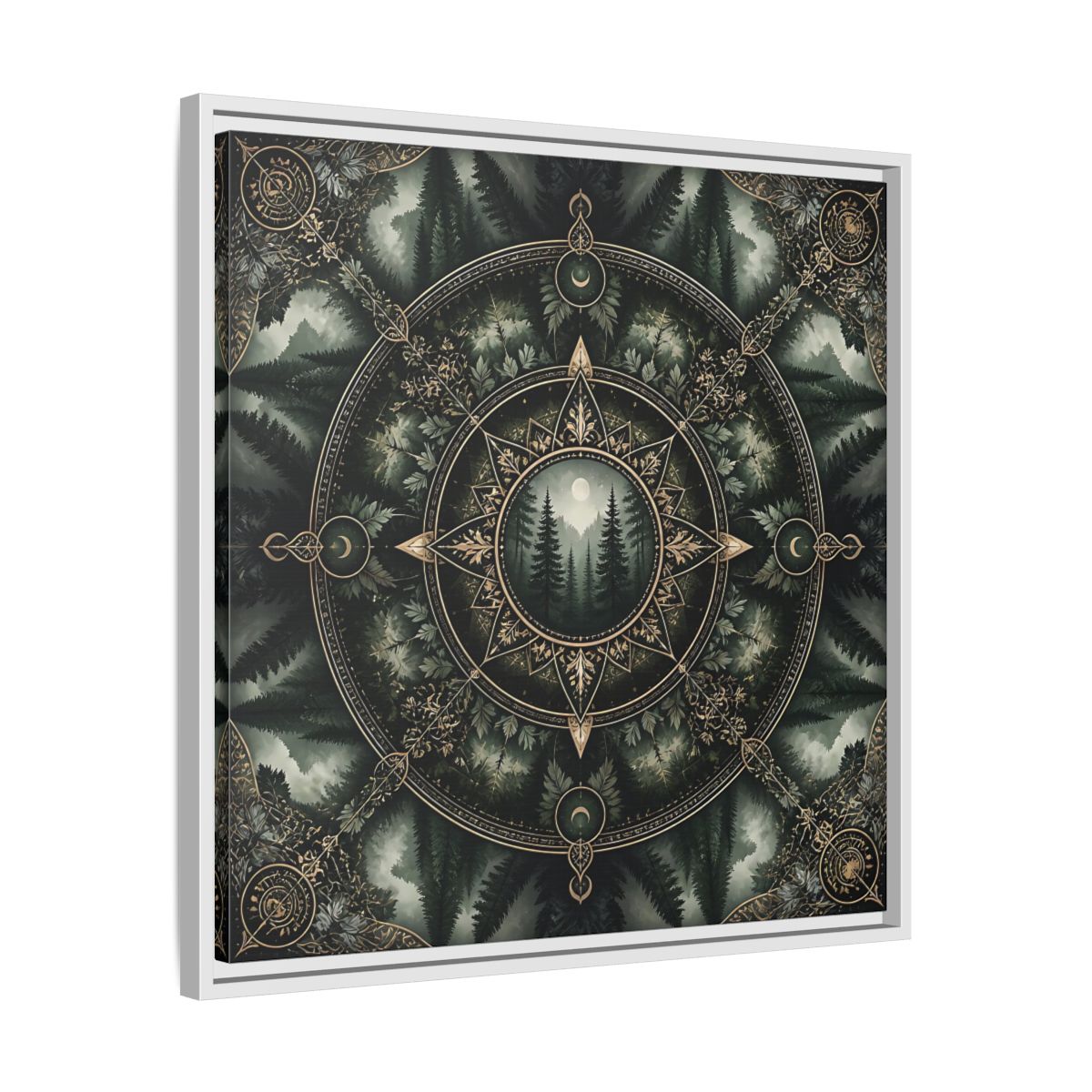 Side Mockup 26. Nature Forest Mandala Dark Green Mandala shown as stretched canvas wall art
