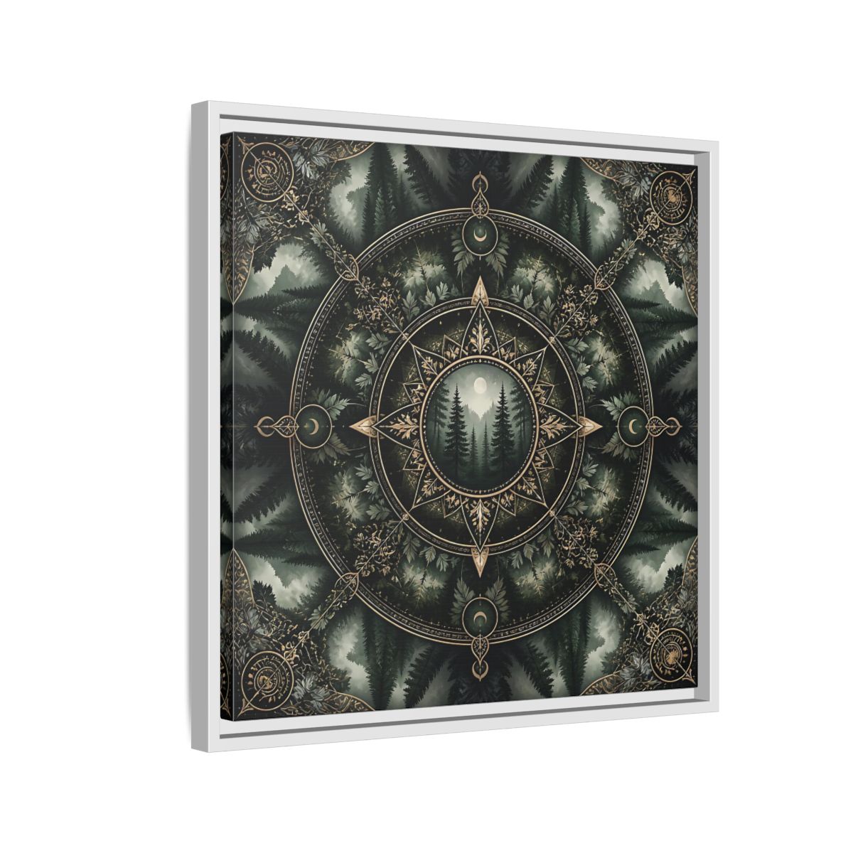 Side Mockup 10. Nature Forest Mandala Dark Green Mandala shown as stretched canvas wall art