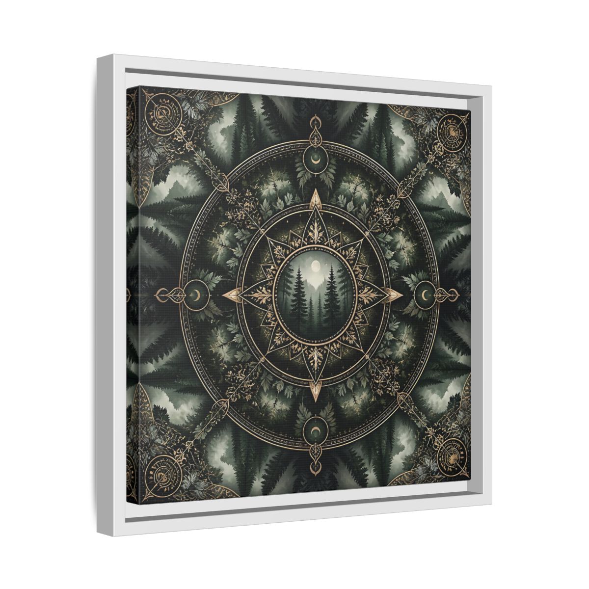 Side Mockup 28. Nature Forest Mandala Dark Green Mandala shown as stretched canvas wall art