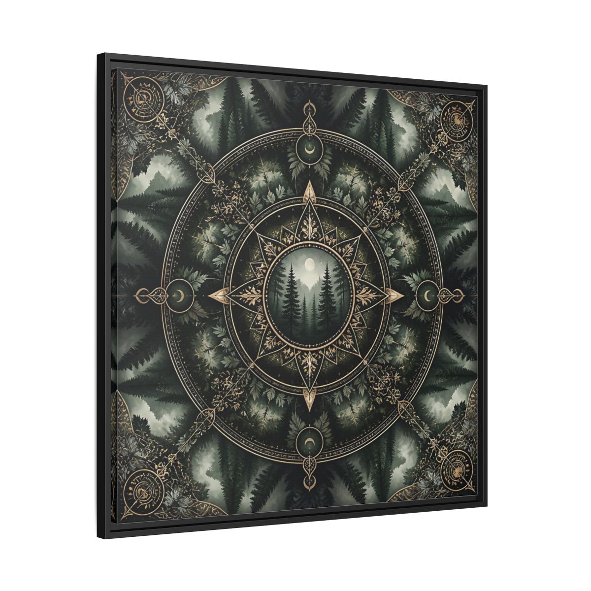 Side Mockup 30. Nature Forest Mandala Dark Green Mandala shown as stretched canvas wall art