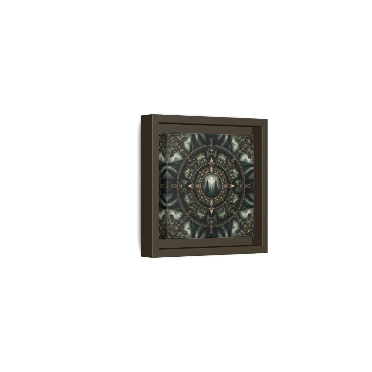 Side Mockup 23. Nature Forest Mandala Dark Green Mandala shown as stretched canvas wall art