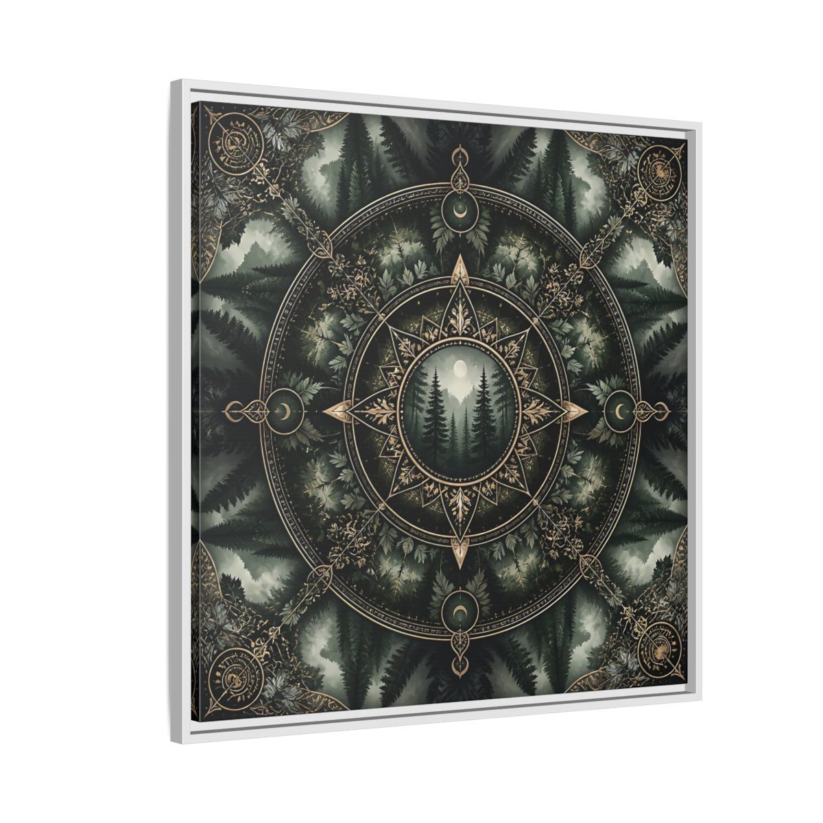Side Mockup 7. Nature Forest Mandala Dark Green Mandala shown as stretched canvas wall art