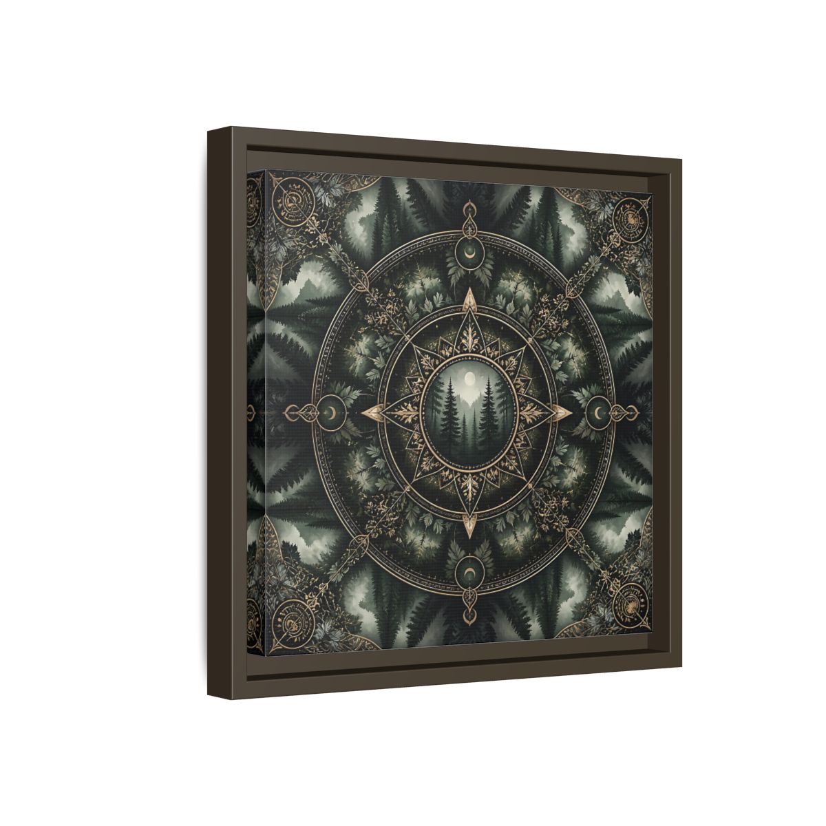 Side Mockup 17. Nature Forest Mandala Dark Green Mandala shown as stretched canvas wall art