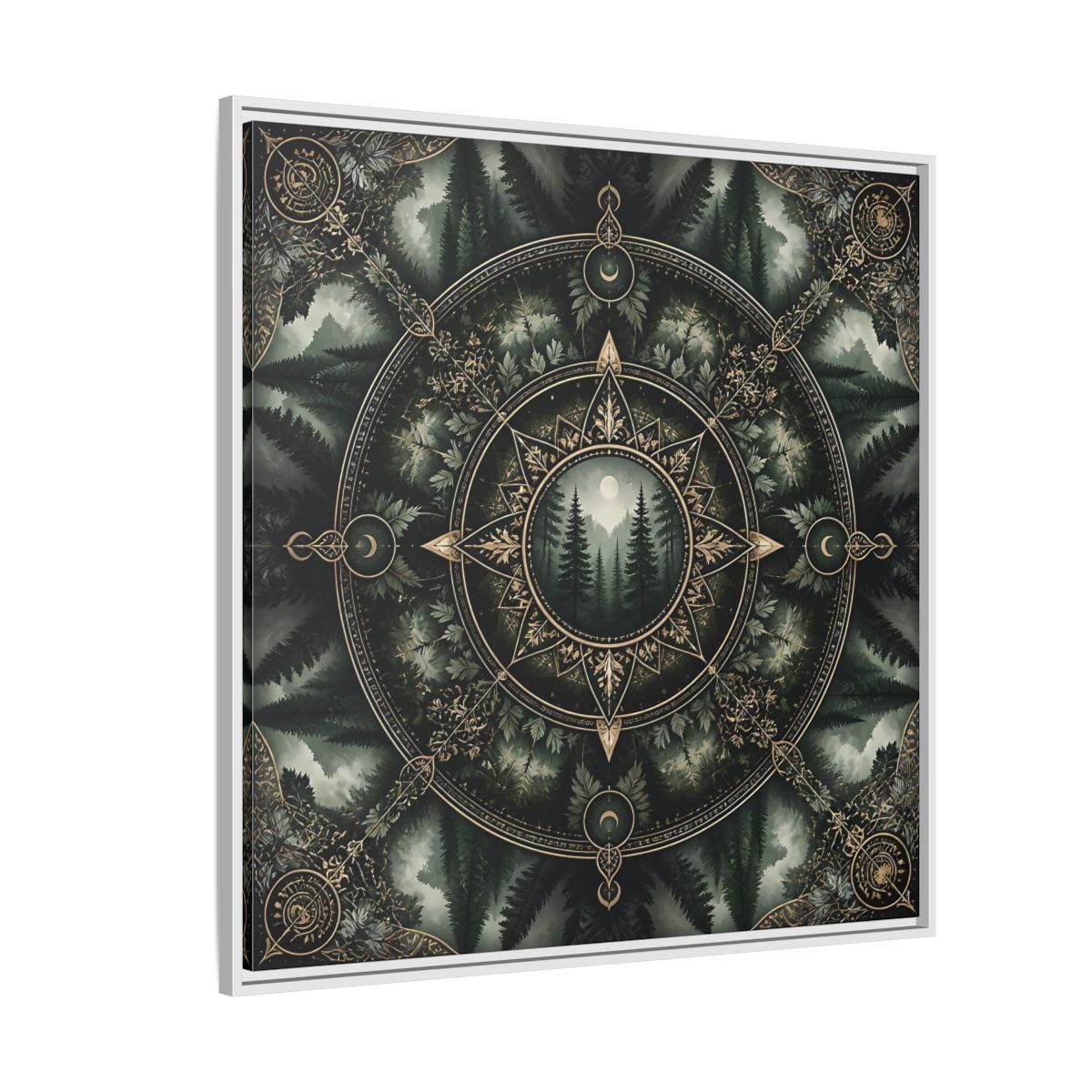 Side Mockup 4. Nature Forest Mandala Dark Green Mandala shown as stretched canvas wall art