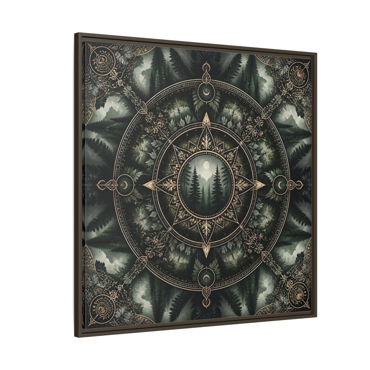 Side Mockup 5. Nature Forest Mandala Dark Green Mandala shown as stretched canvas wall art