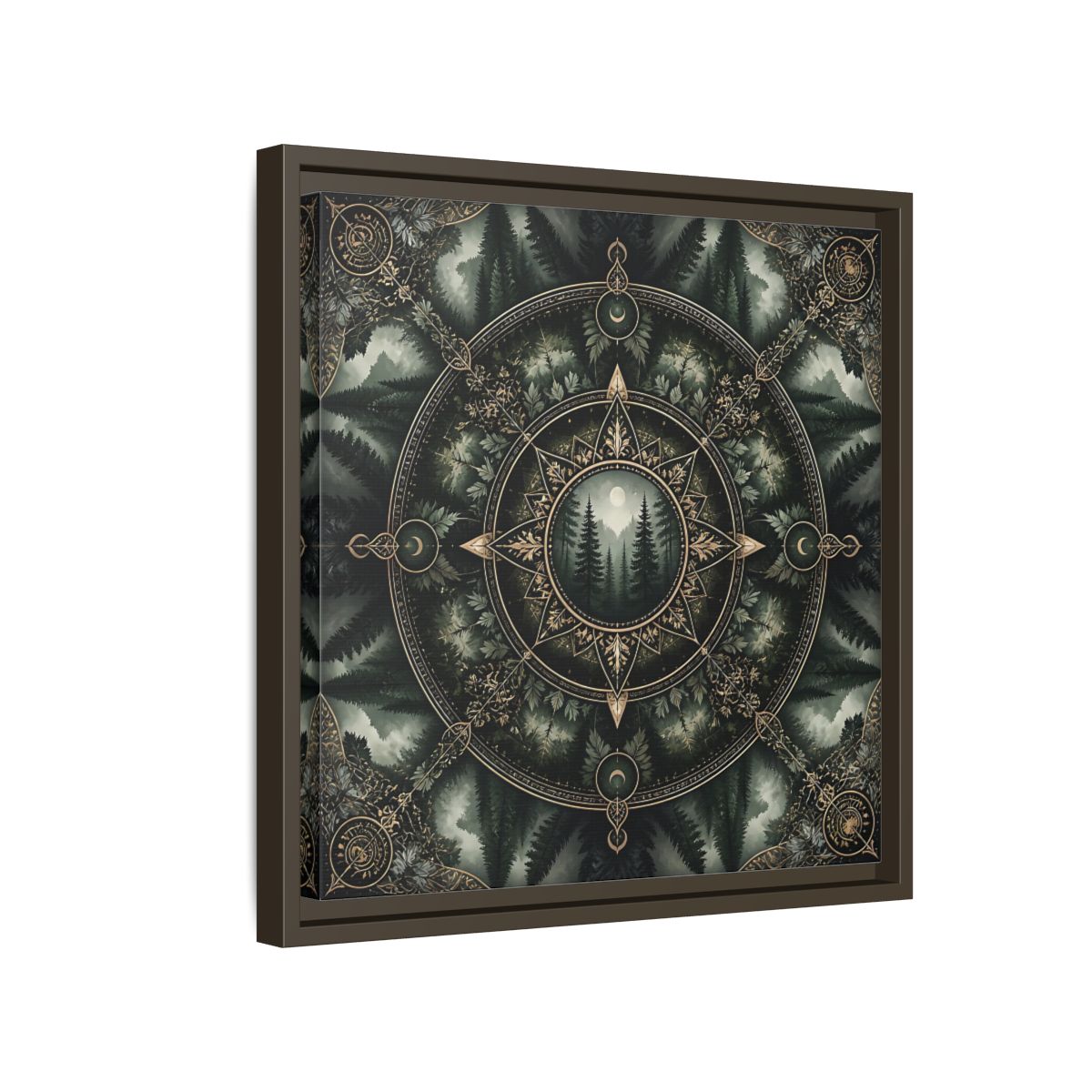 Side Mockup 14. Nature Forest Mandala Dark Green Mandala shown as stretched canvas wall art