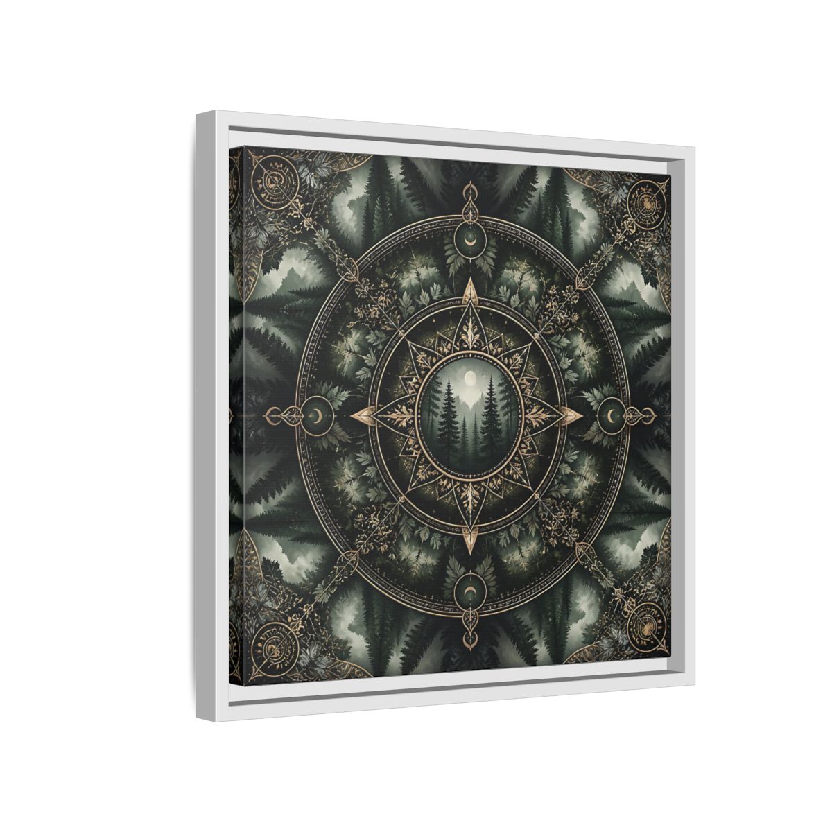 Side Mockup 13. Nature Forest Mandala Dark Green Mandala shown as stretched canvas wall art