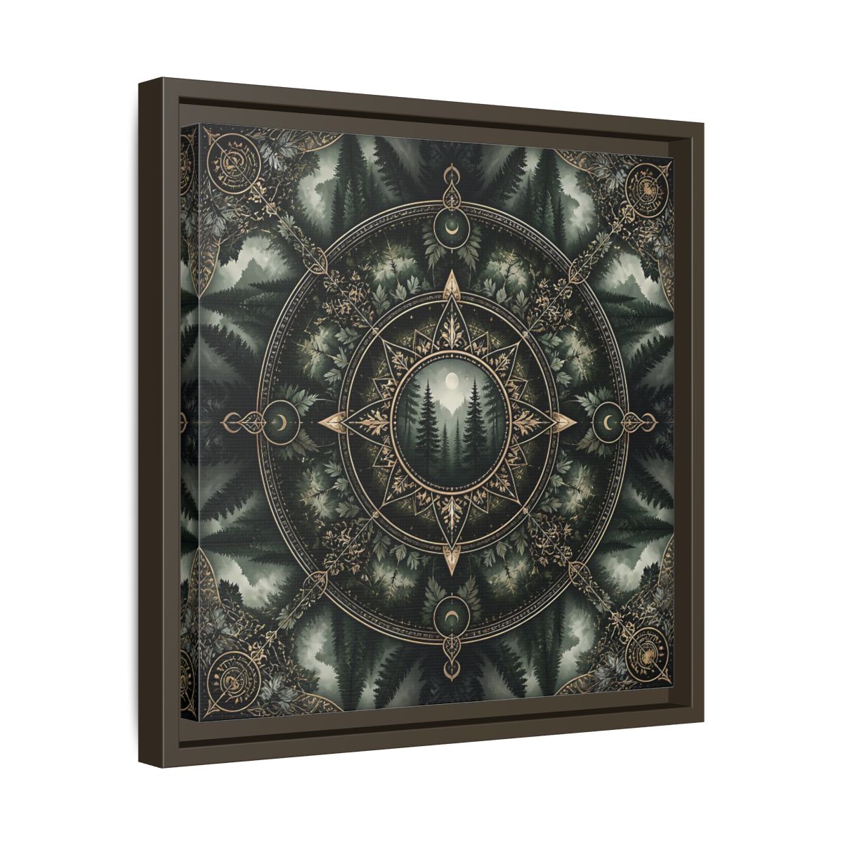 Side Mockup 29. Nature Forest Mandala Dark Green Mandala shown as stretched canvas wall art