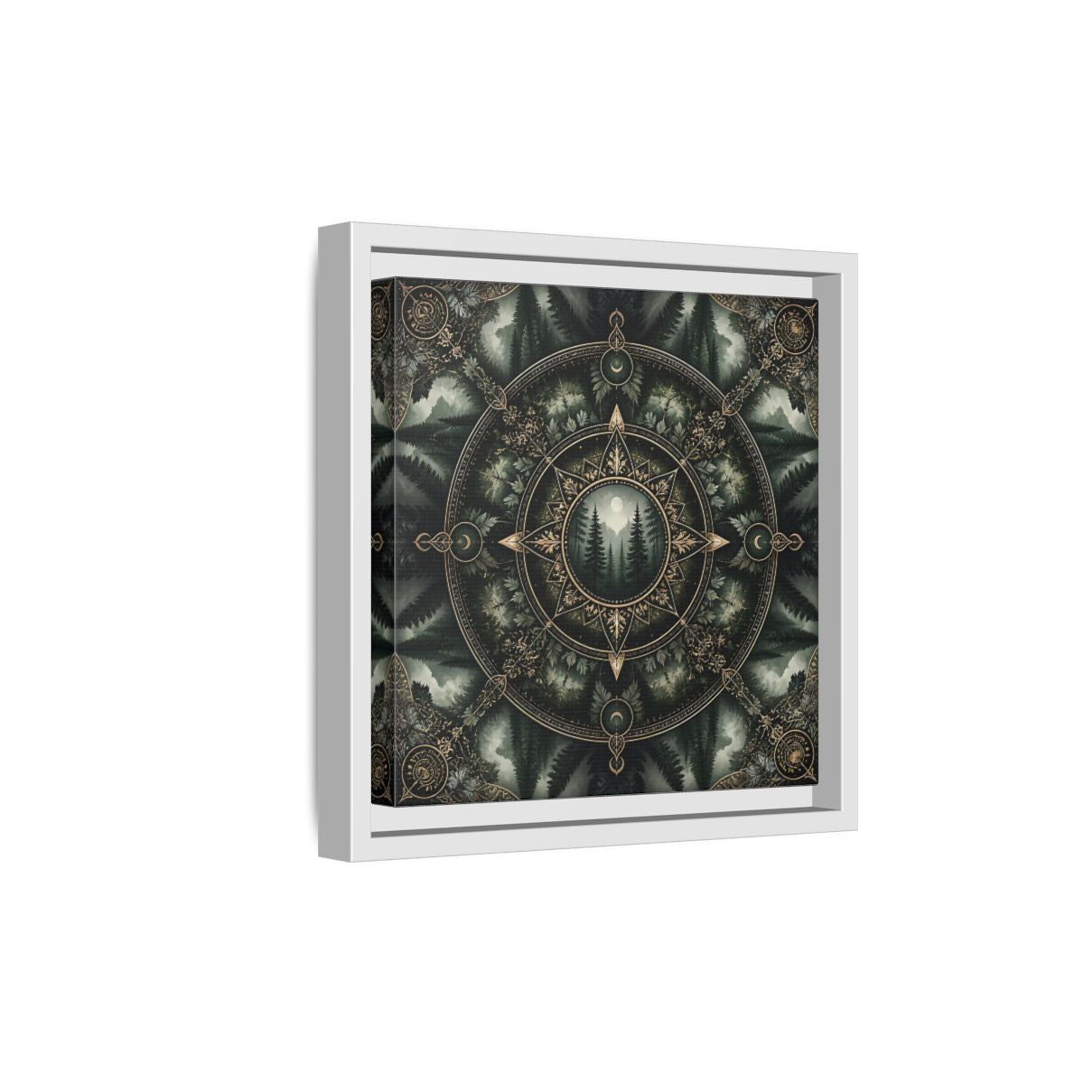 Side Mockup 19. Nature Forest Mandala Dark Green Mandala shown as stretched canvas wall art