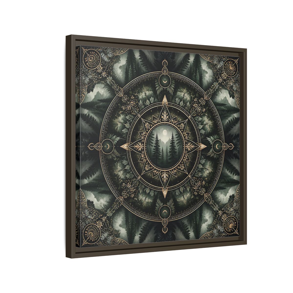 Side Mockup 11. Nature Forest Mandala Dark Green Mandala shown as stretched canvas wall art