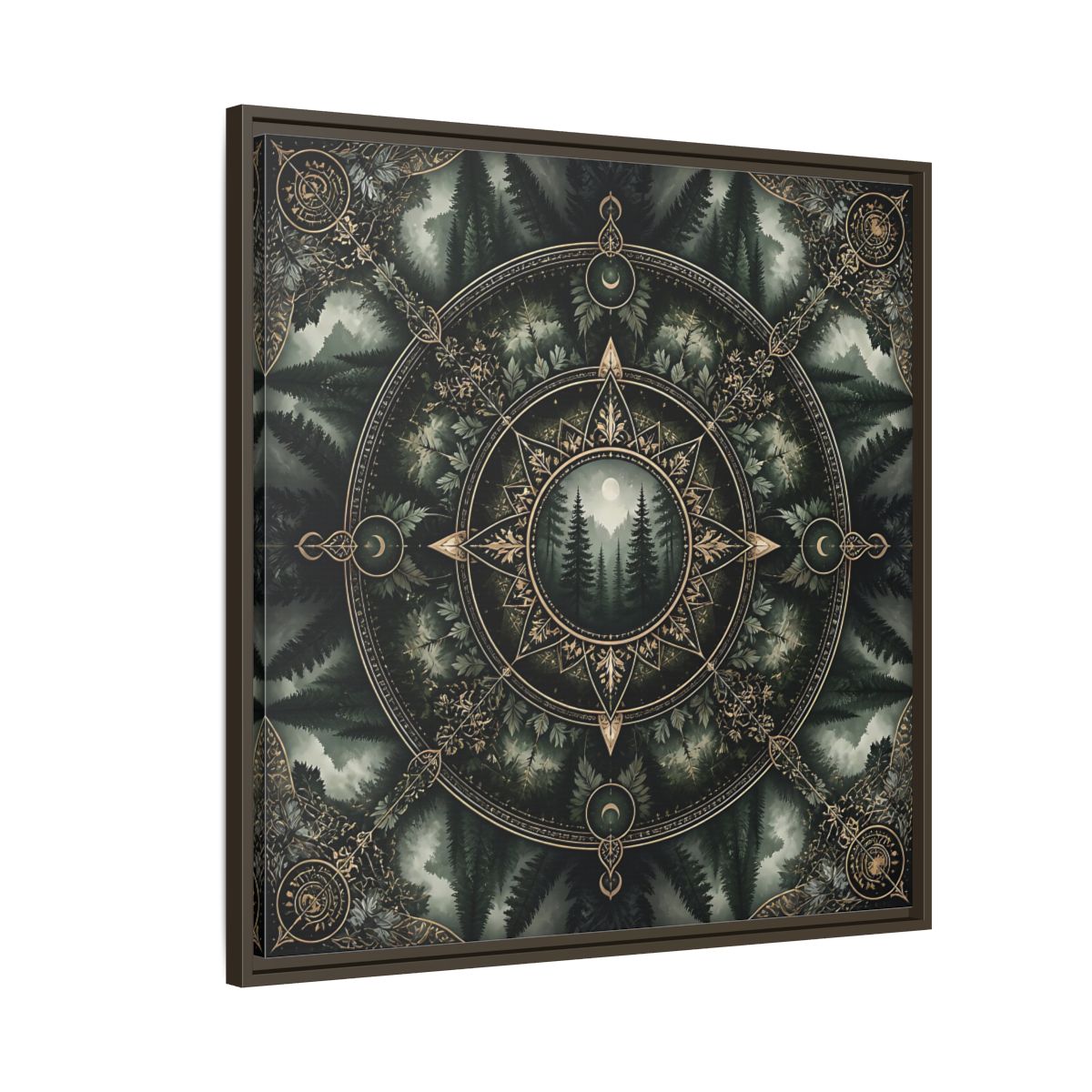 Side Mockup 8. Nature Forest Mandala Dark Green Mandala shown as stretched canvas wall art