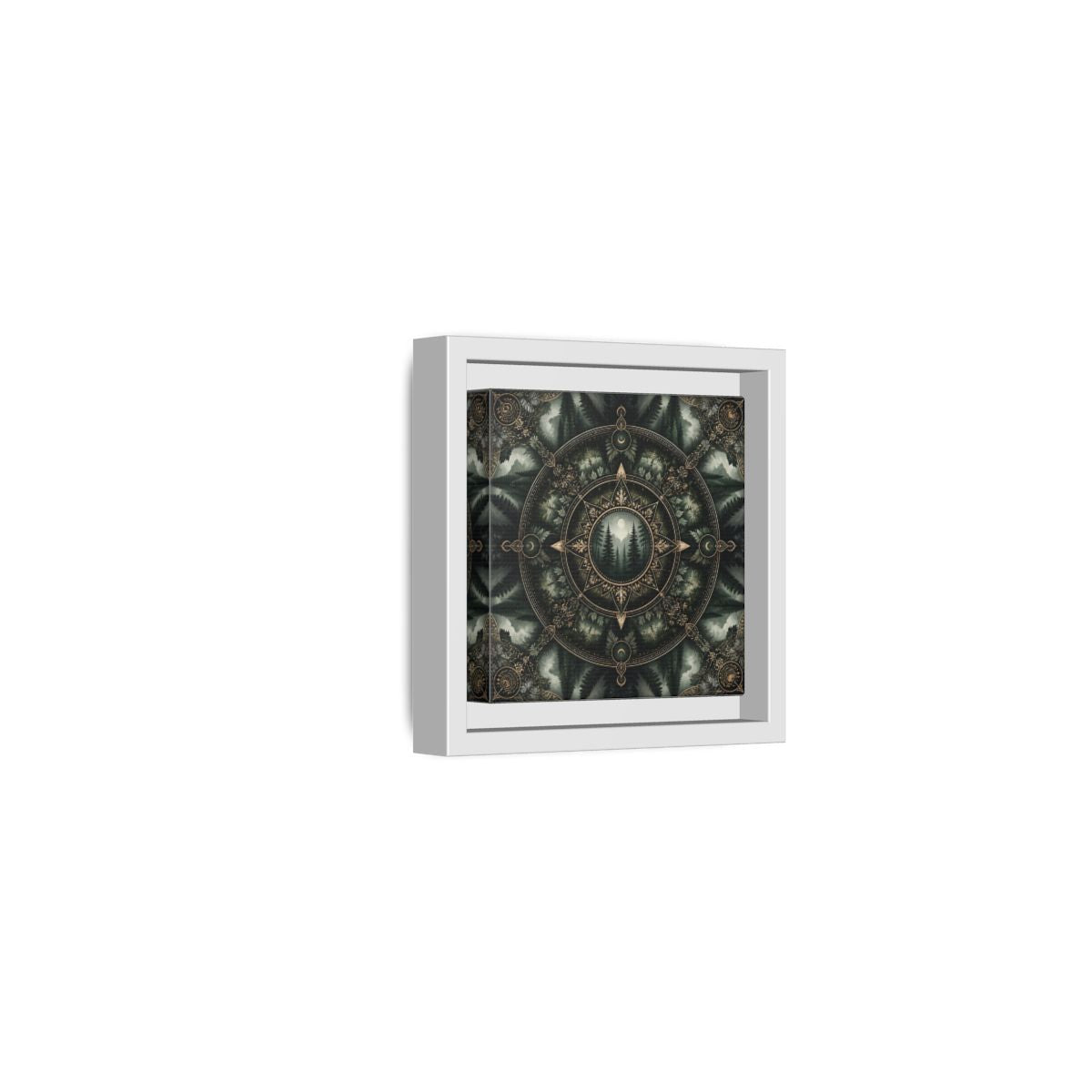 Side Mockup 22. Nature Forest Mandala Dark Green Mandala shown as stretched canvas wall art