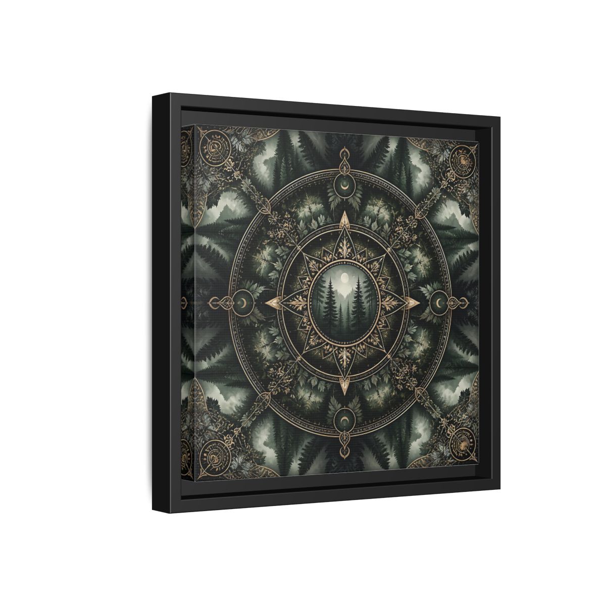 Side Mockup 18. Nature Forest Mandala Dark Green Mandala shown as stretched canvas wall art