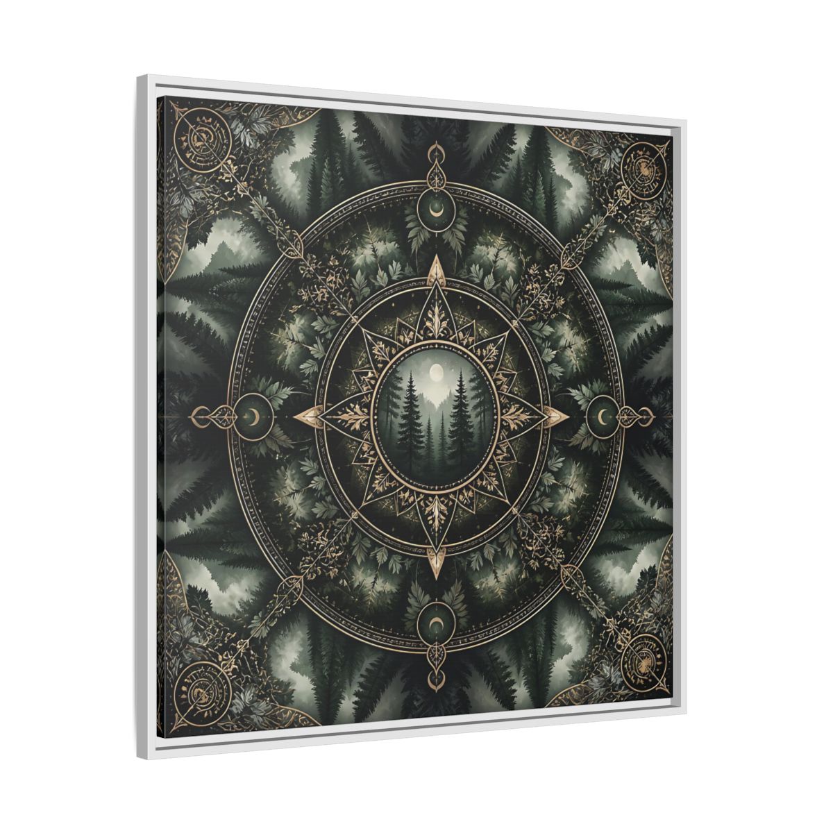 Side Mockup 25. Nature Forest Mandala Dark Green Mandala shown as stretched canvas wall art