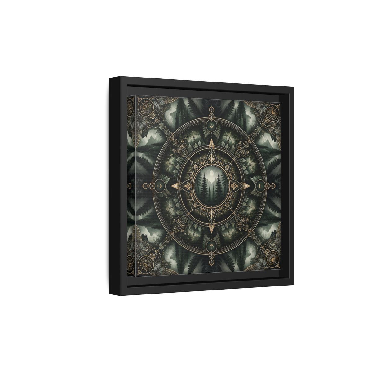 Side Mockup 21. Nature Forest Mandala Dark Green Mandala shown as stretched canvas wall art