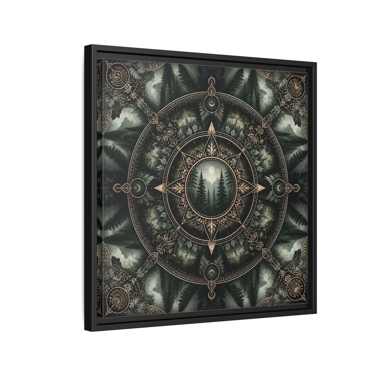 Side Mockup 12. Nature Forest Mandala Dark Green Mandala shown as stretched canvas wall art