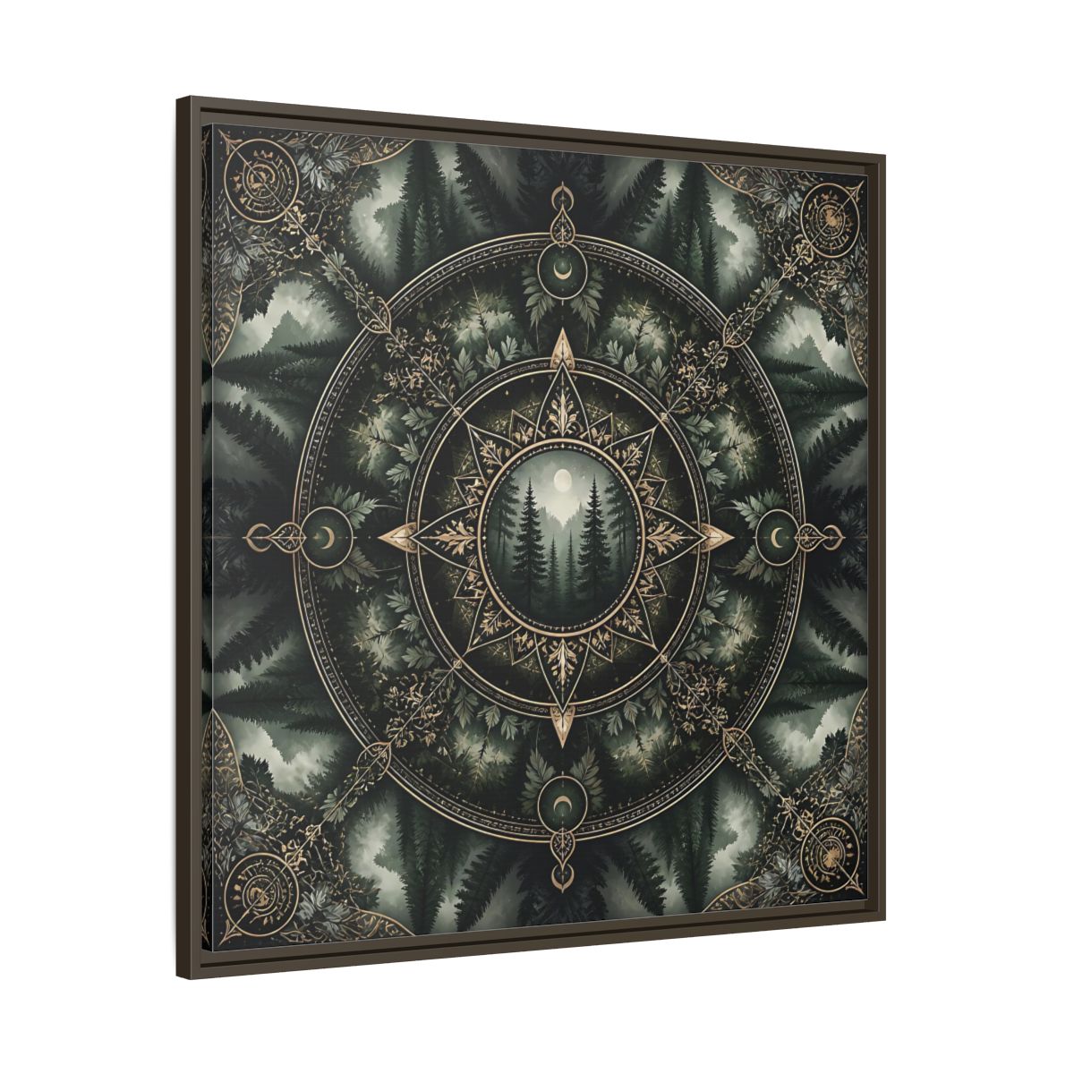 Main Mockup. Nature Forest Mandala Dark Green Mandala shown as stretched canvas wall art