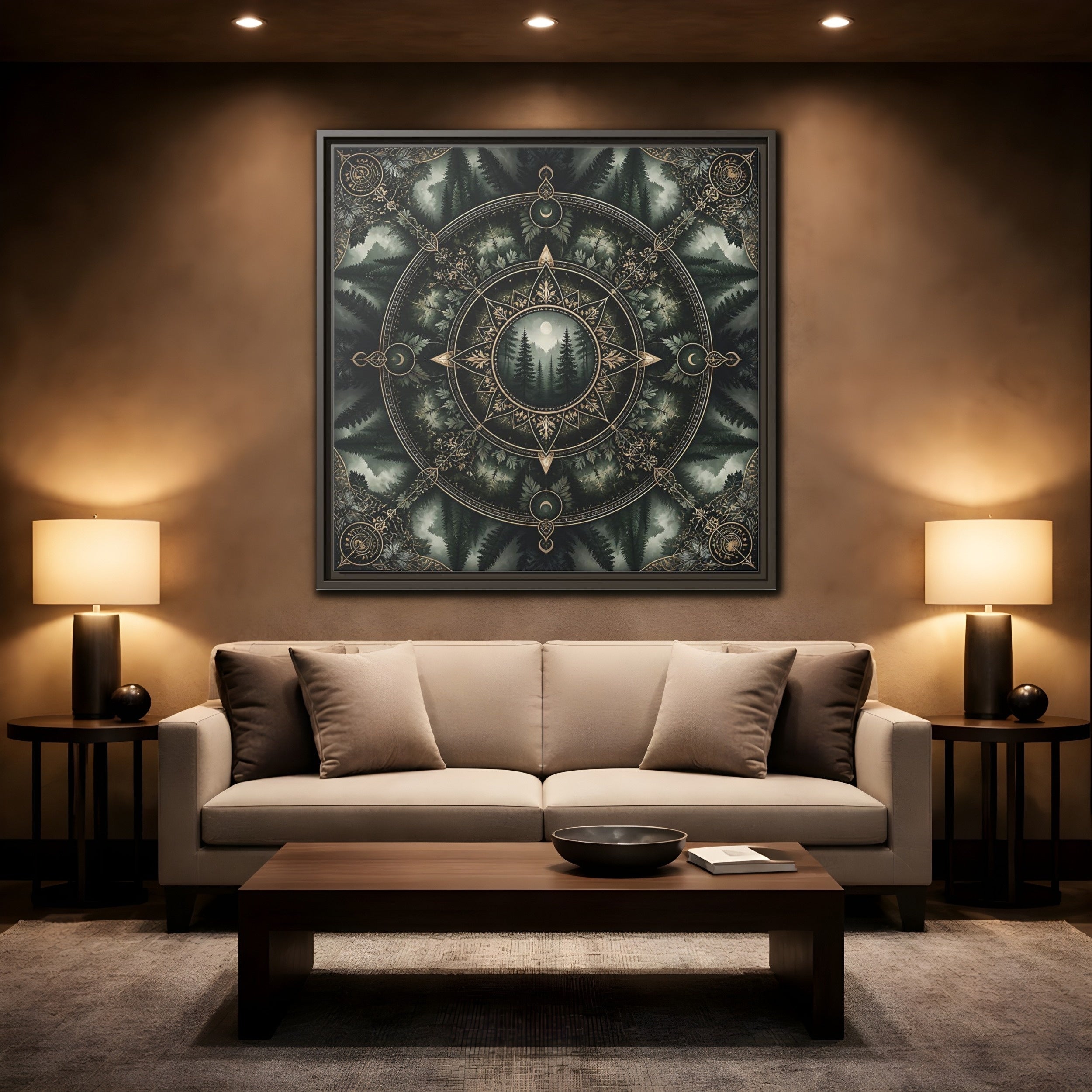 Mockup 2. Nature Forest Mandala Dark Green Mandala shown as stretched canvas wall art