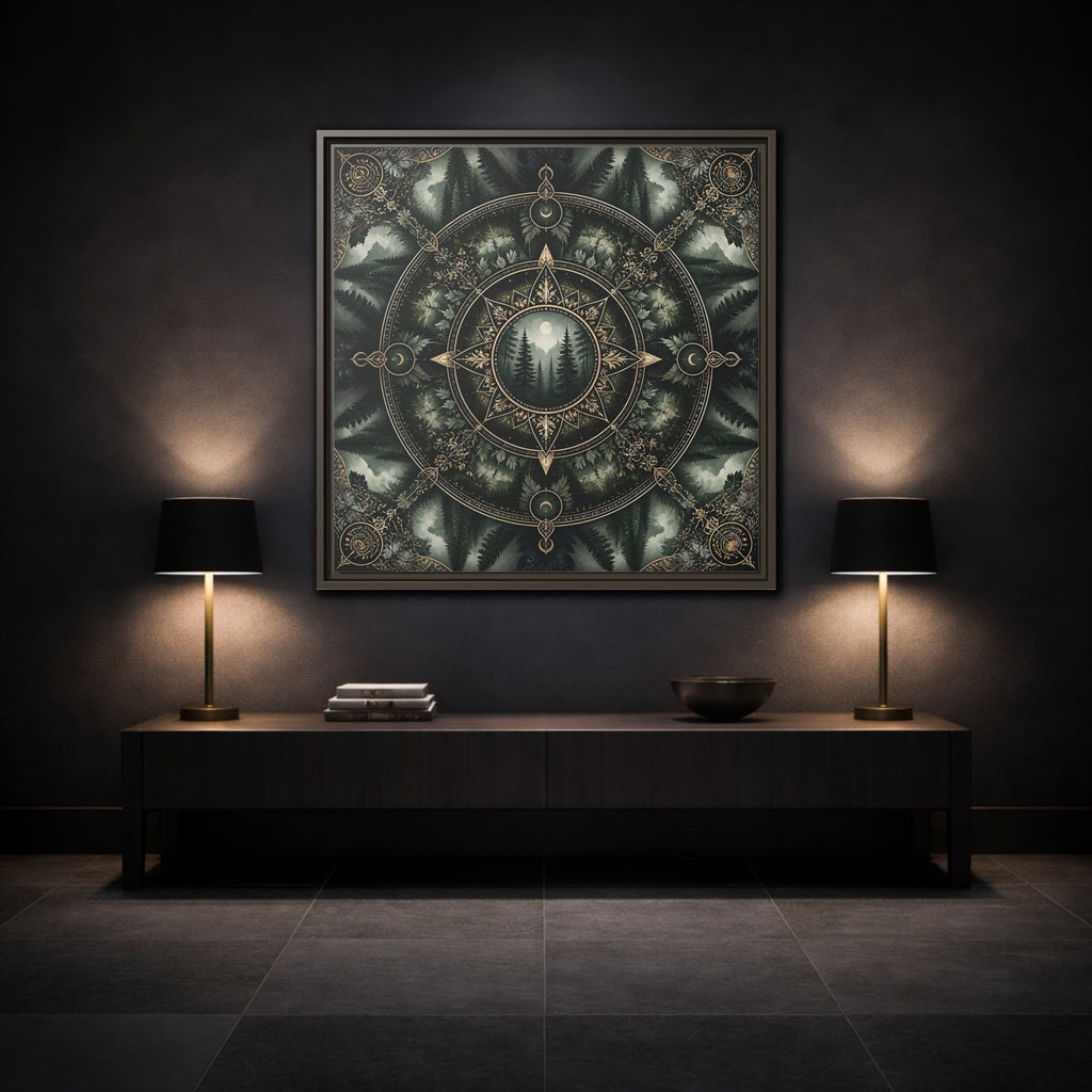 Mockup 3. Nature Forest Mandala Dark Green Mandala shown as stretched canvas wall art