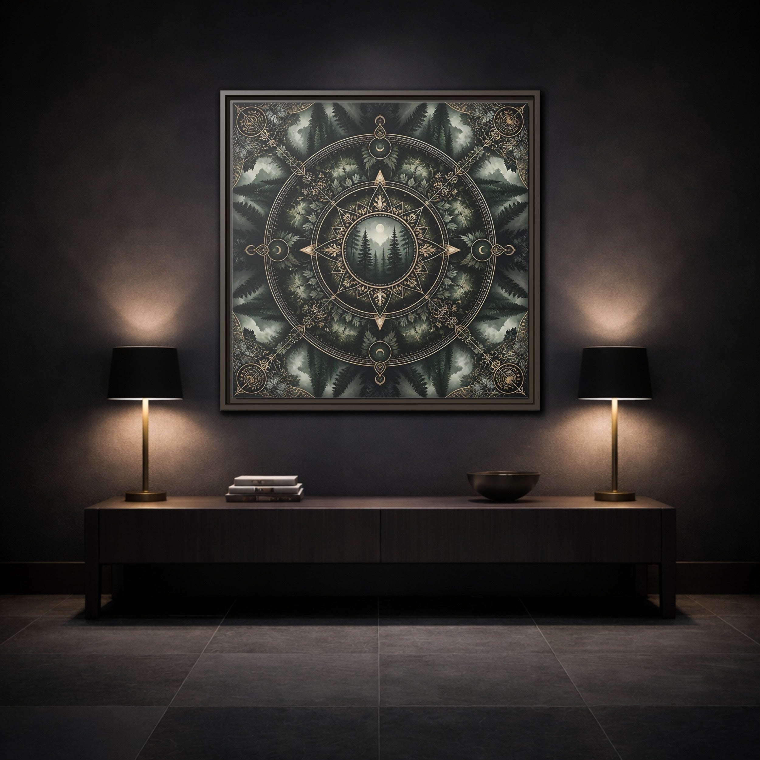 Mockup 3. Nature Forest Mandala Dark Green Mandala shown as stretched canvas wall art