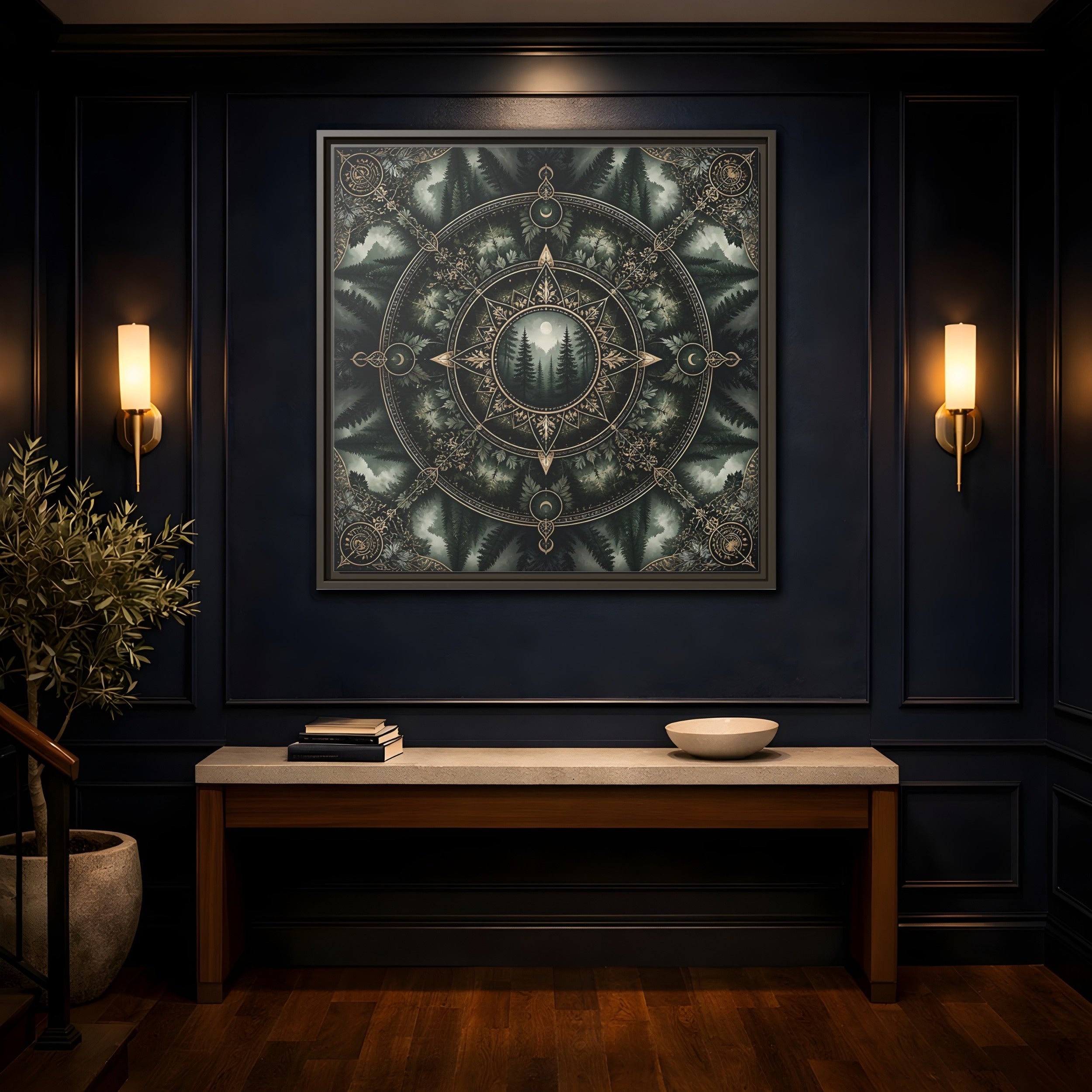 Mockup 4. Nature Forest Mandala Dark Green Mandala shown as stretched canvas wall art