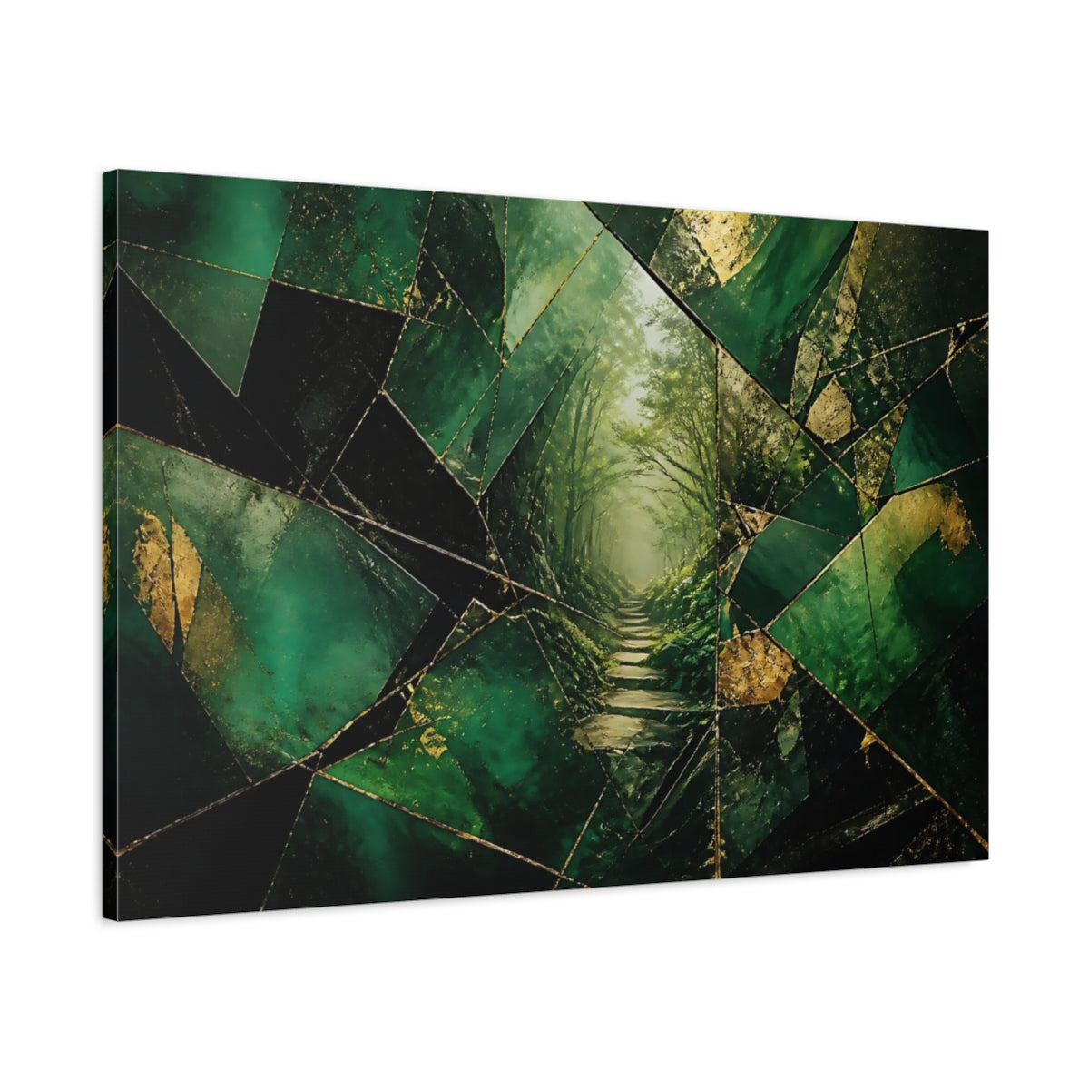 Main Mockup. Nature Forest Path Green And Gold shown as stretched canvas wall art