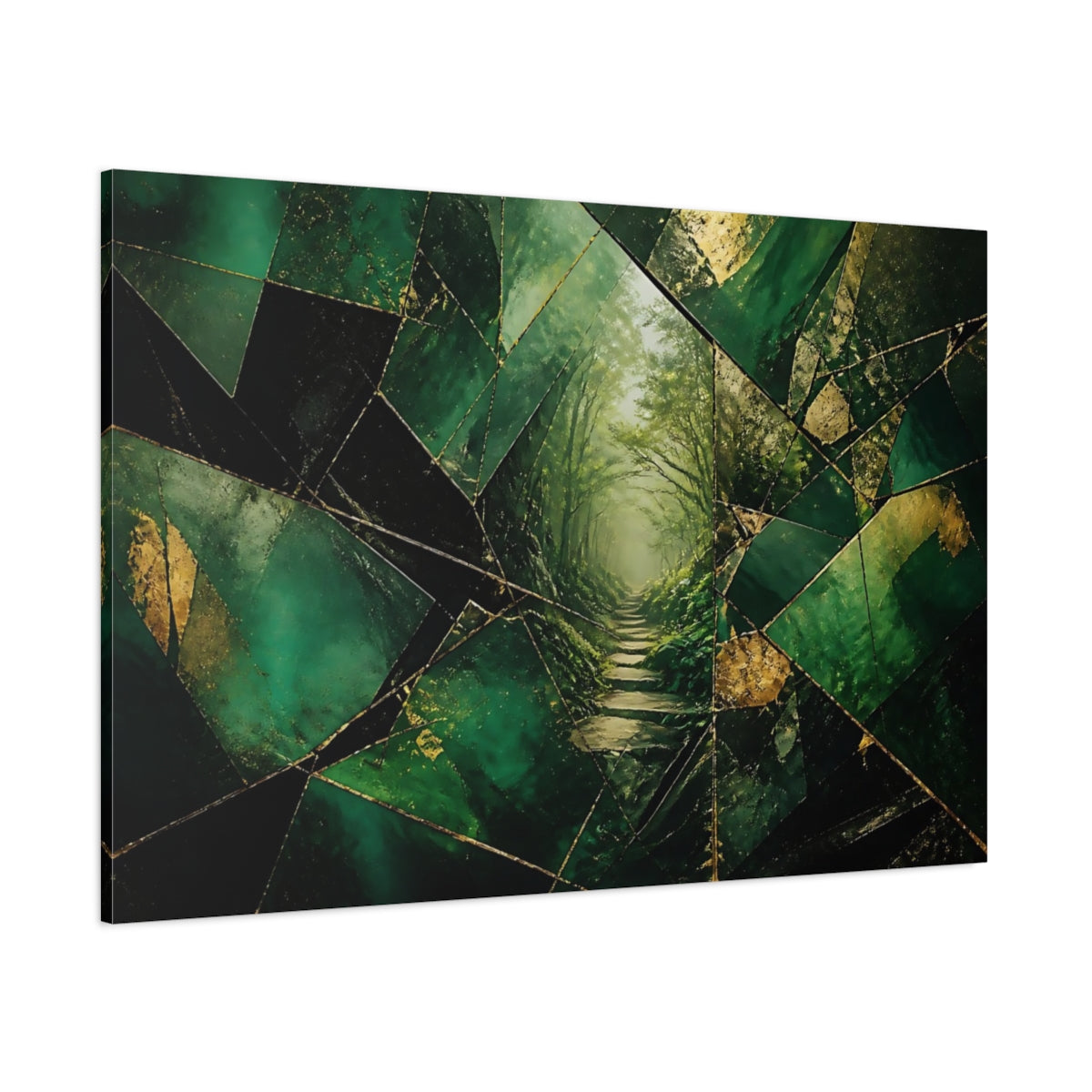 Side Mockup 1. Nature Forest Path Green And Gold shown as stretched canvas wall art
