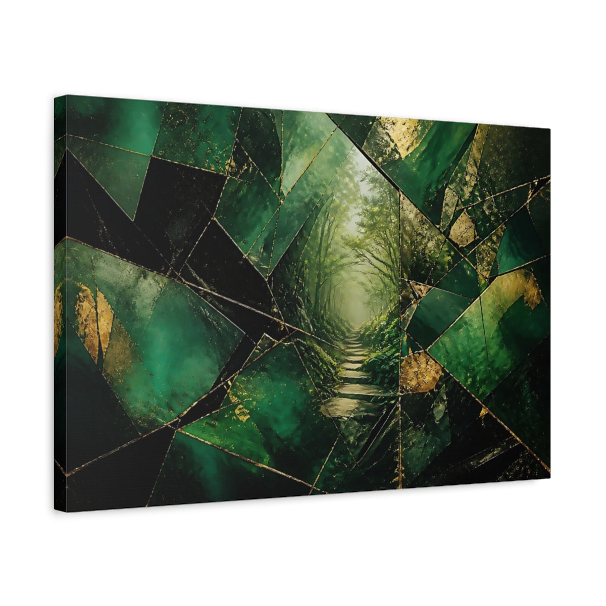 Side Mockup 3. Nature Forest Path Green And Gold shown as stretched canvas wall art