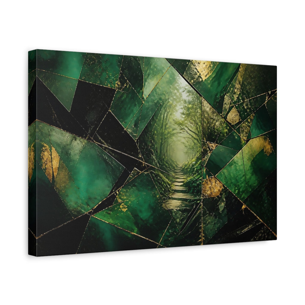 Side Mockup 4. Nature Forest Path Green And Gold shown as stretched canvas wall art