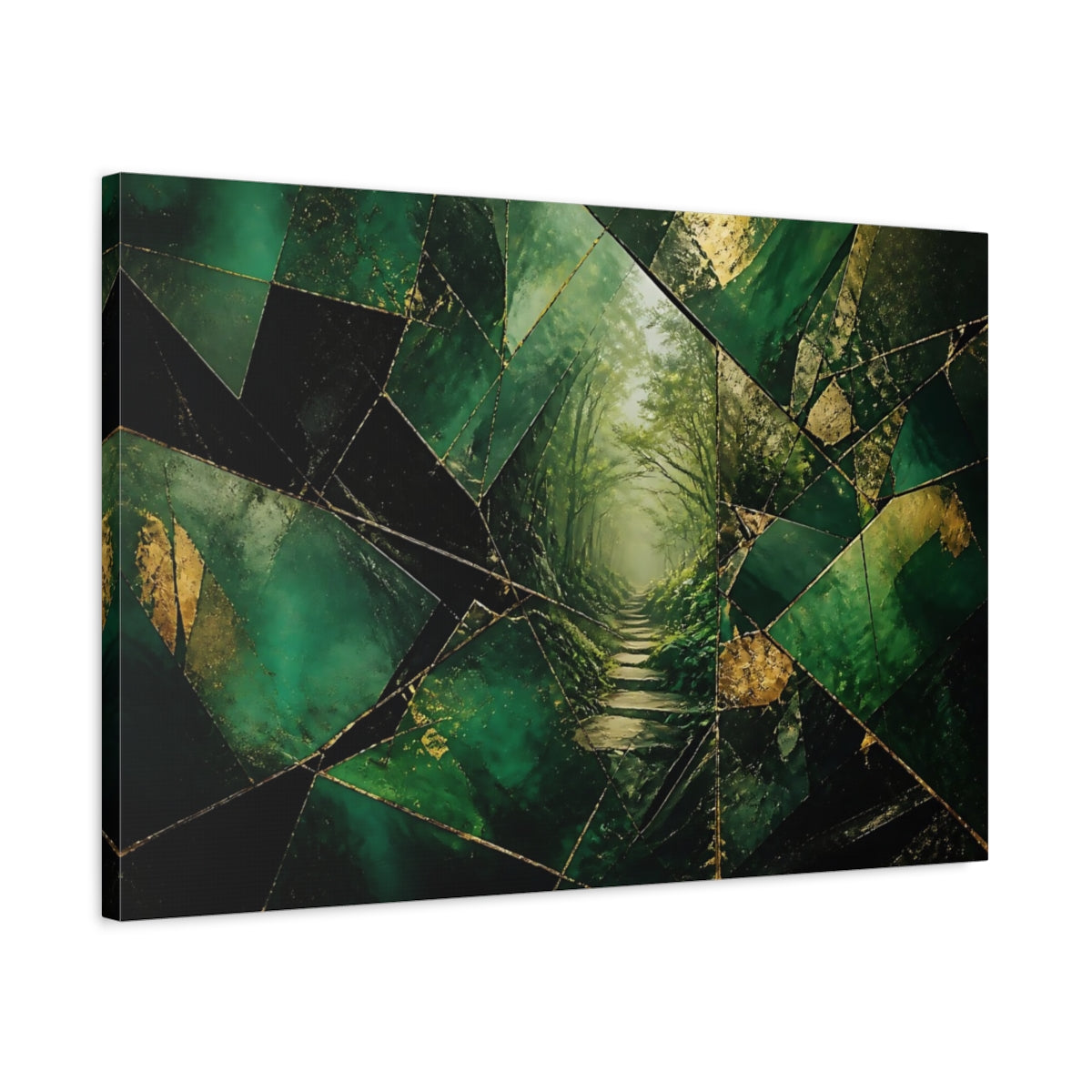 Side Mockup 2. Nature Forest Path Green And Gold shown as stretched canvas wall art