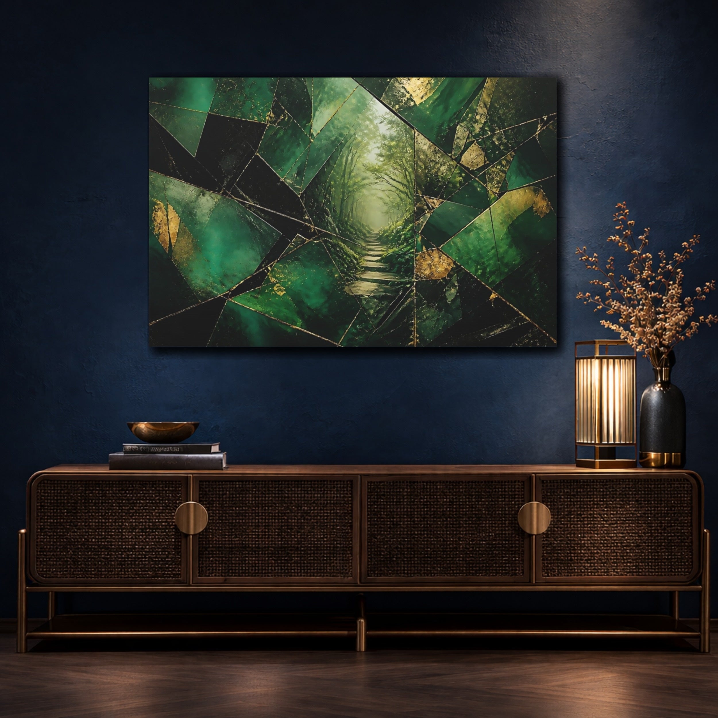Mockup 4. Nature Forest Path Green And Gold shown as stretched canvas wall art
