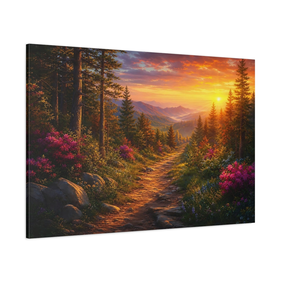 Side Mockup 1. Nature Forest Path Orange Forest Path shown as stretched canvas wall art