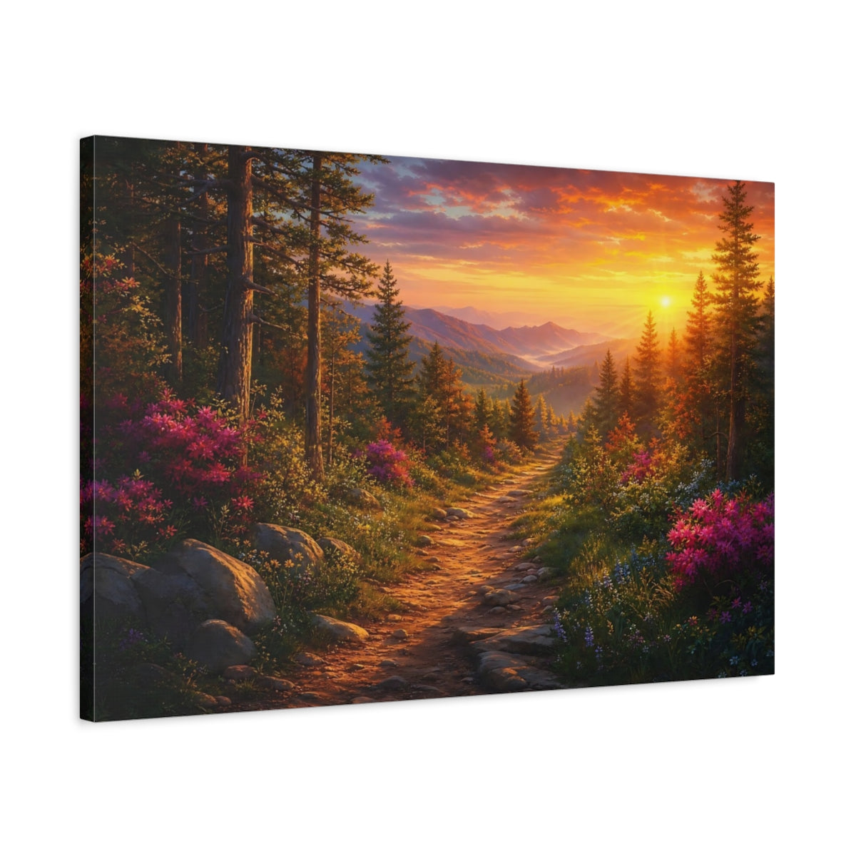 Side Mockup 2. Nature Forest Path Orange Forest Path shown as stretched canvas wall art